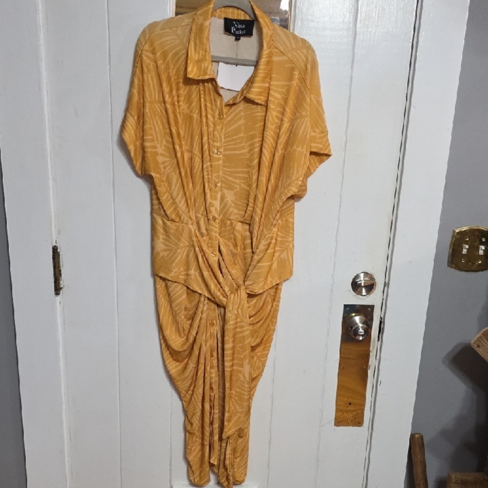 NWT Nina Parker‎ Women's Faux Wrap Dress Golden Palm Buttons Ruched Slinky Sz 3X